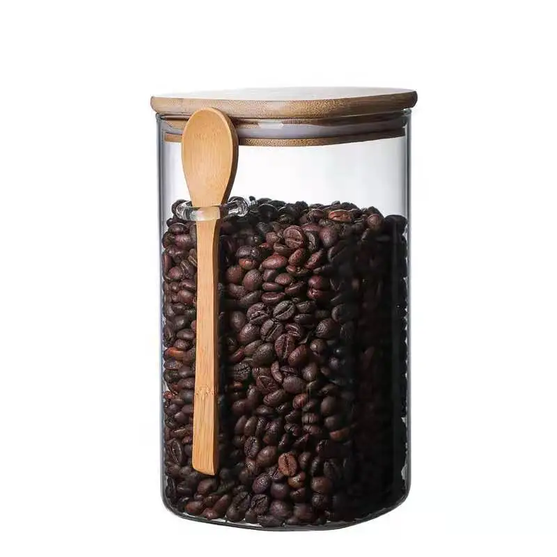 

Factory price high quality square shape glass jars with bamboo lid and spoon for food, Transparent