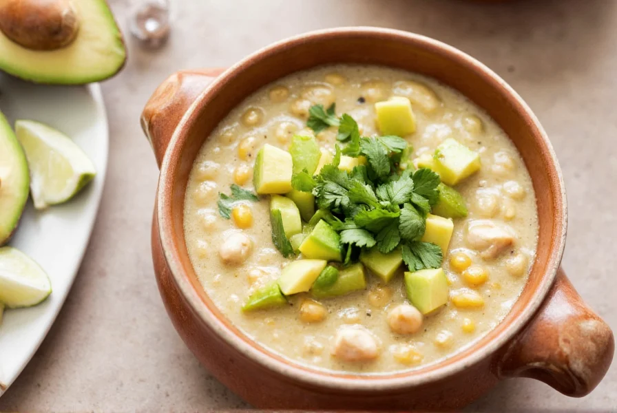 Finished white chicken chili served in a ceramic bowl with toppings including avocado slices, cilantro, and lime wedges