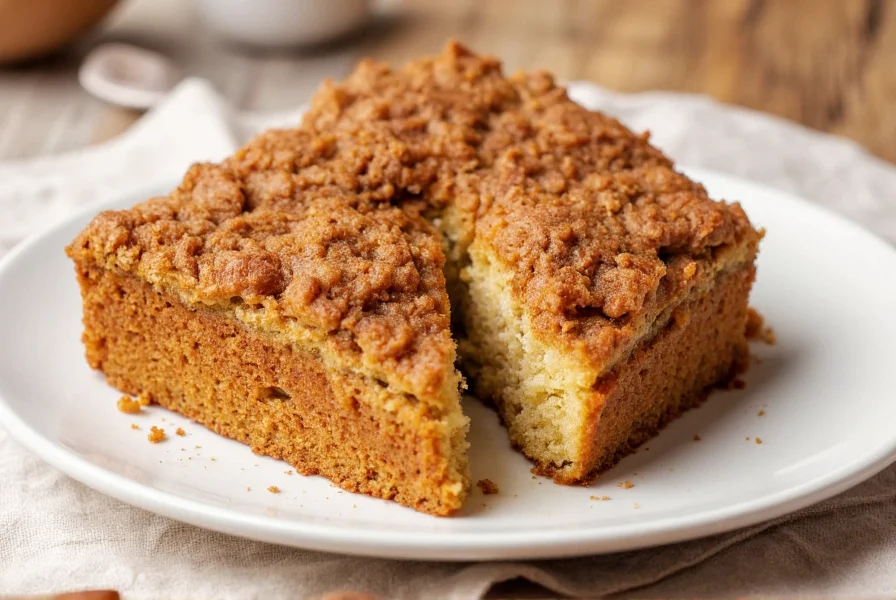 Perfectly baked cinnamon coffee cake with golden brown crust and generous cinnamon streusel topping on a white ceramic plate