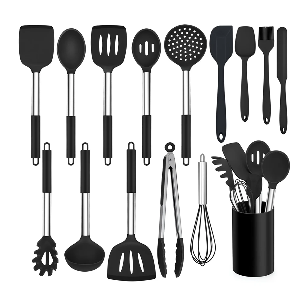 

US stocks novelty kitchen utensils set stainless steel handle silicone cooking tools kitchen utensils set non stick, Colorful, black, grey