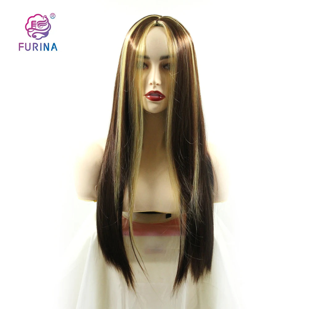 

Cheapest synthetic non lace machine made wigs Long silky straight Highlight color synthetic wigs