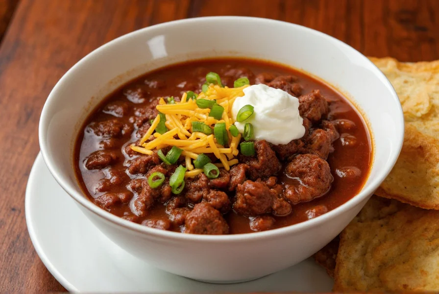 Bowl of rich, dark chuck roast chili with tender beef pieces, served with toppings like sour cream, cheese, and green onions