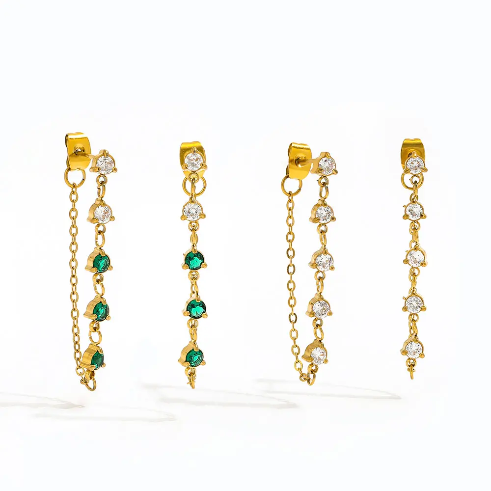 Ins Hot Earring Waterproof 18K PVD Gold Plated Link Chain Tassel Green Zirconia Stainless Steel Stud Earring Fashion Jewelry