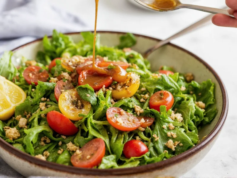 Salad bowl with vibrant greens and homemade dressing drizzled