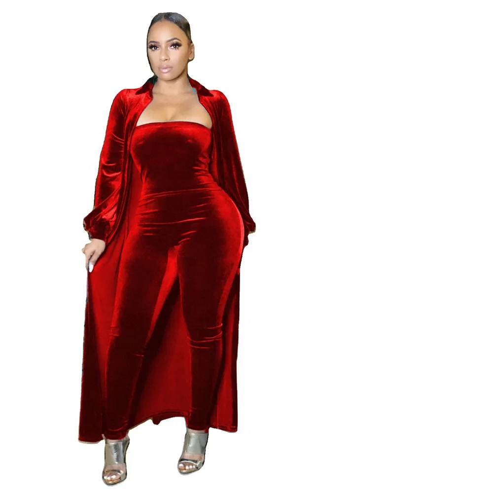 

Velvet Tube Top Jumpsuits Coat Two Piece Set Suits Ladies Elegant Party Evening Wear