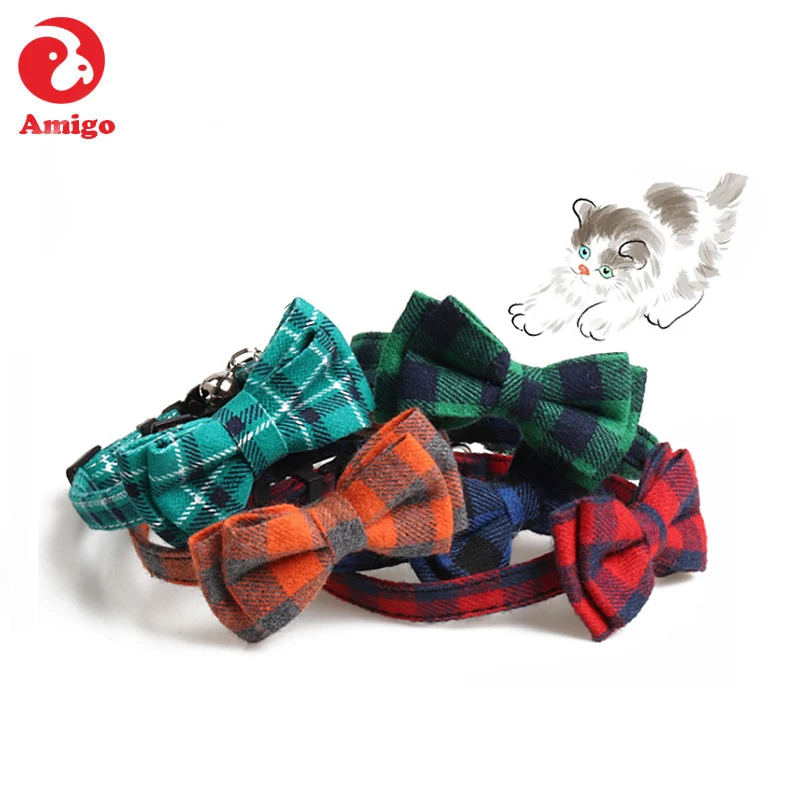 

Amigo Wholesale fashion new design charm safety breakaway buckle plaid canvas bow tie pet cat collar with bell, Colorful