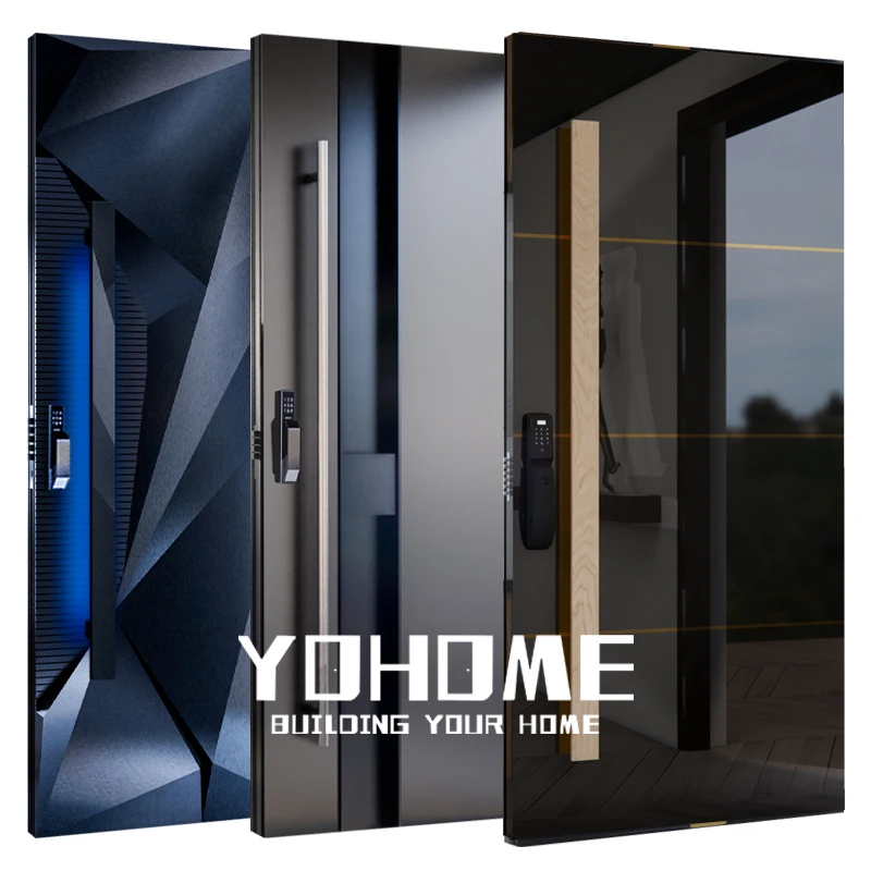 

Yohome anti theft security aluminium entrance door design main door stainless steel 304 black high gloss modern doors for house