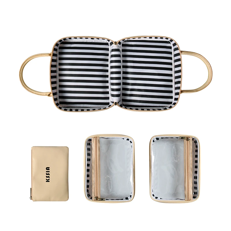 

Factory wholesale Customized Logo makeup bag Dual Zipper PU Leather Multi-Functional Fashion Portable Cosmetic Bag set, Pink, beige/customized