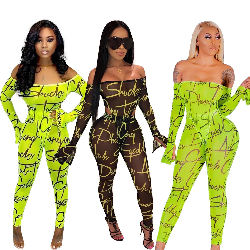 

XM-2090867 2020 Printed Ruffled Long Sleeve Off The Shoulder Bodycon Woman Ladies Sexy Jumpsuit