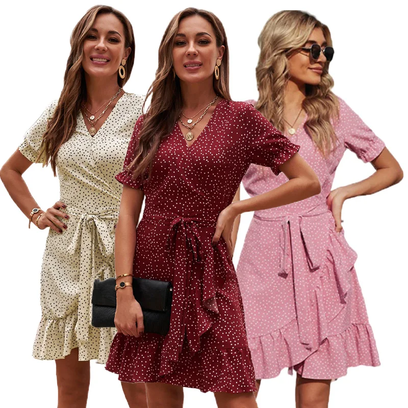 

Summer Sexy Pink Dresses Women Polka Dot Ruffled Mini Dress Tie Waist V Neck Flowy Dress
