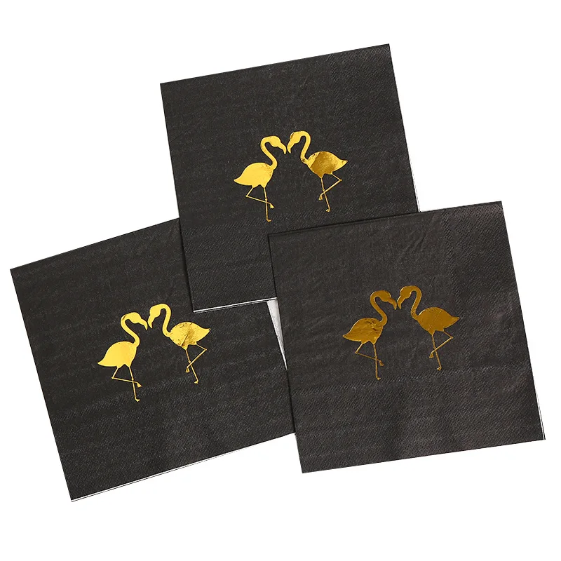 

Black Flamingo Gold Foil Printing Birthday Party Disposable Tableware Paper Napkins, Customized color