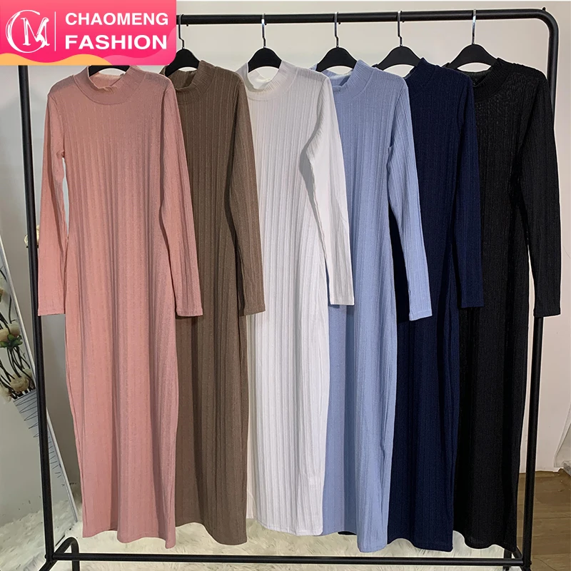 

6387# Basic abaya inside wear long sleeve stretchable knit cotton inner arabic dress for fall winter, Navy/black/pink/brown/white/blue