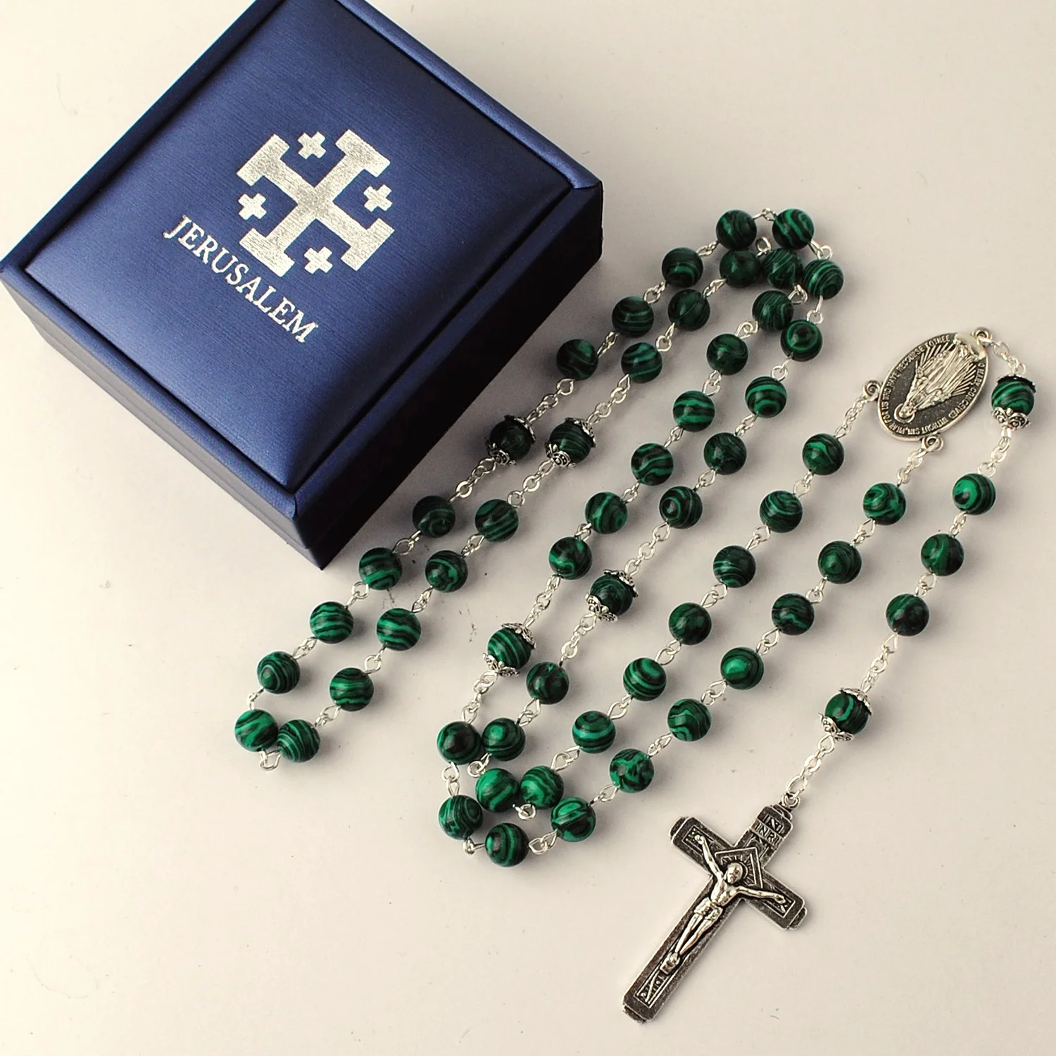 

Malachite Gemstone Beads Rosary with Jerusalem Cross and Gift Box for Men