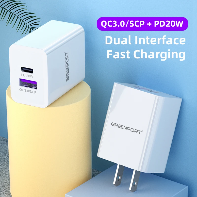 

Greenport wall charger Type C PD 20W adapter fast charging US/EU/UK plug support phone 12 i product/Android system charger head, Black/white
