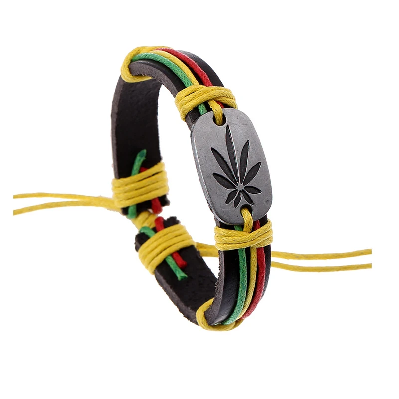 

Jamaican reggae jewelry red yellow green maple leaf rope leather bracelet