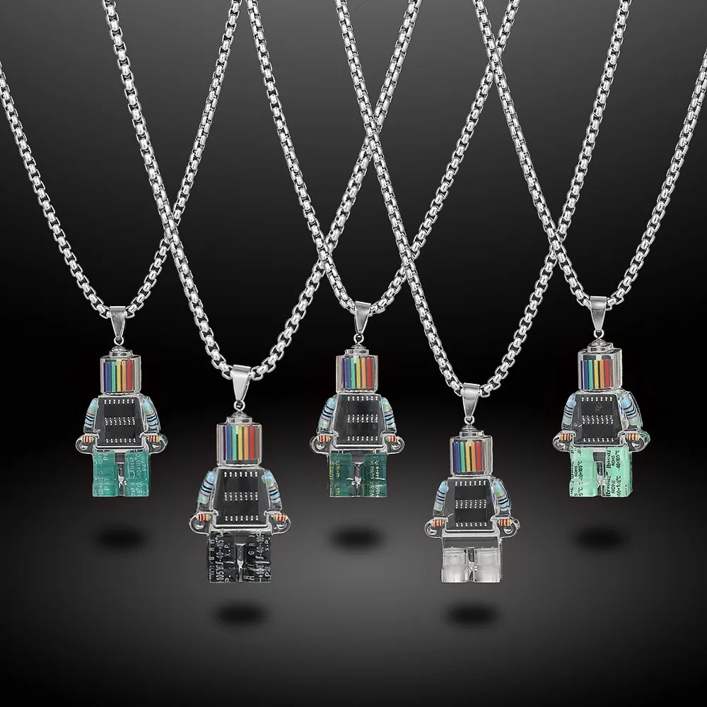 

2022 Cartoon Men's Hip Hop Punk DIY Electronic Element Robot Resin Transparent Pendant Sweater Necklace