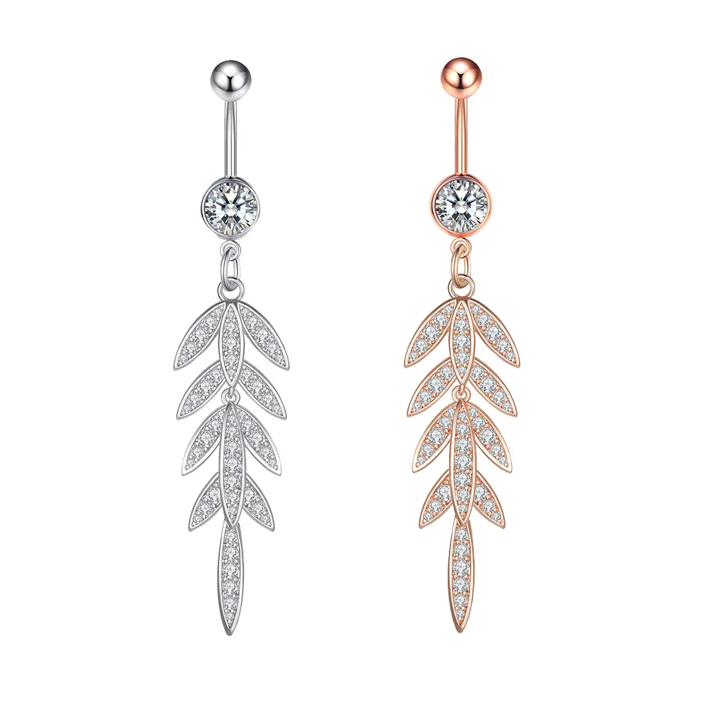 

Hot Selling Paved Zircon Long Leaf Dangle Belly Button Rings With Women Beach Curved Surgical Steel Belly Rings, Silver/rose gold