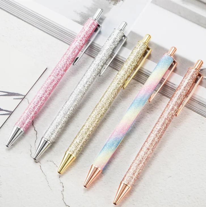 Glitter Ballpoint Pens Retractable Black Ink Pens Metal Medium Point Ballpoint Pen
