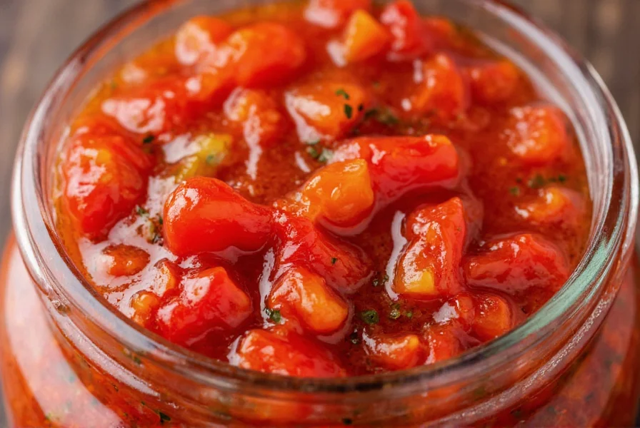 Close-up of freshly made cherry pepper relish in glass jar with visible diced peppers and herbs