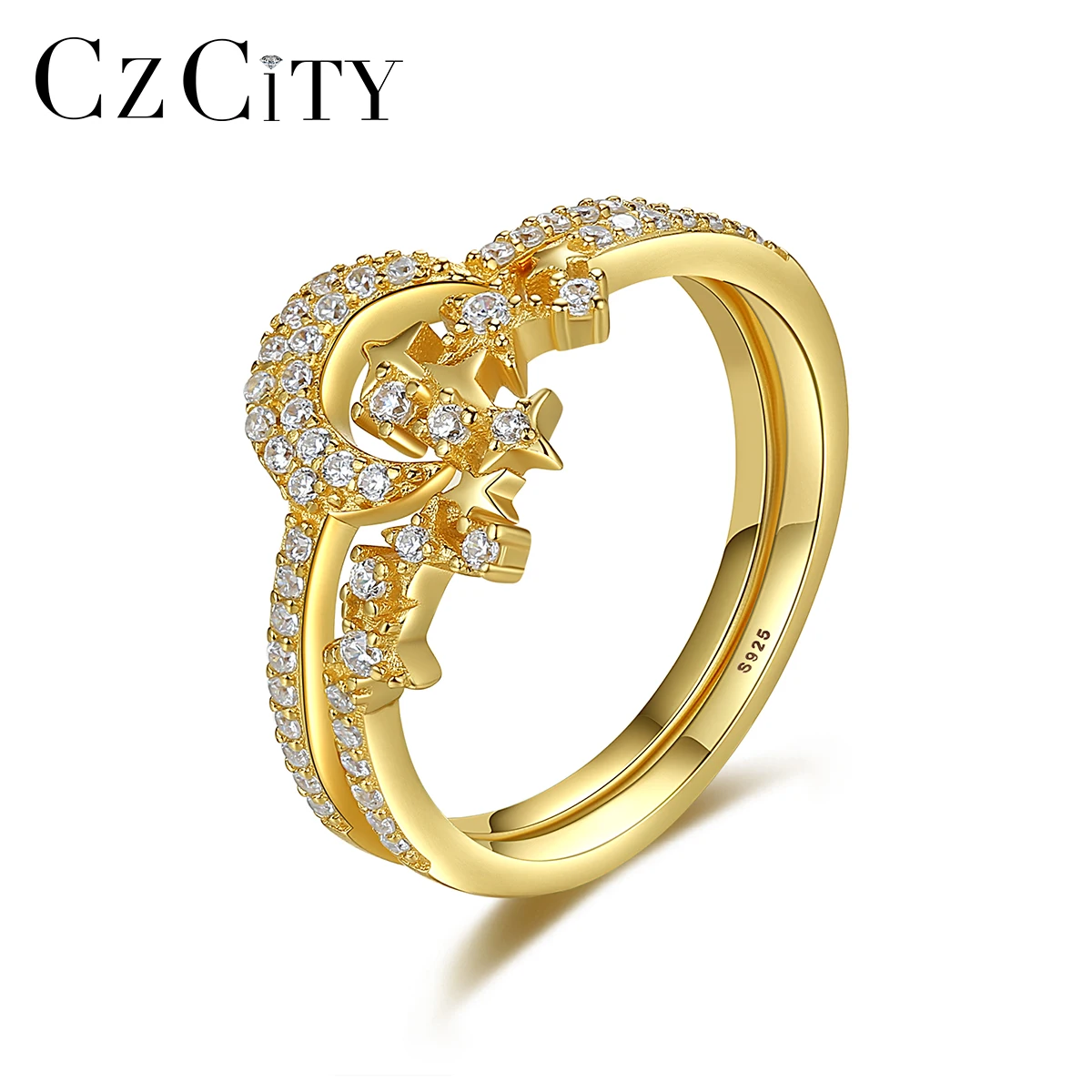 

CZCITY Moon and Star Silver Rings Set for Girls 925 Sterling Silver 14K Gold Plated Women Finger Ring