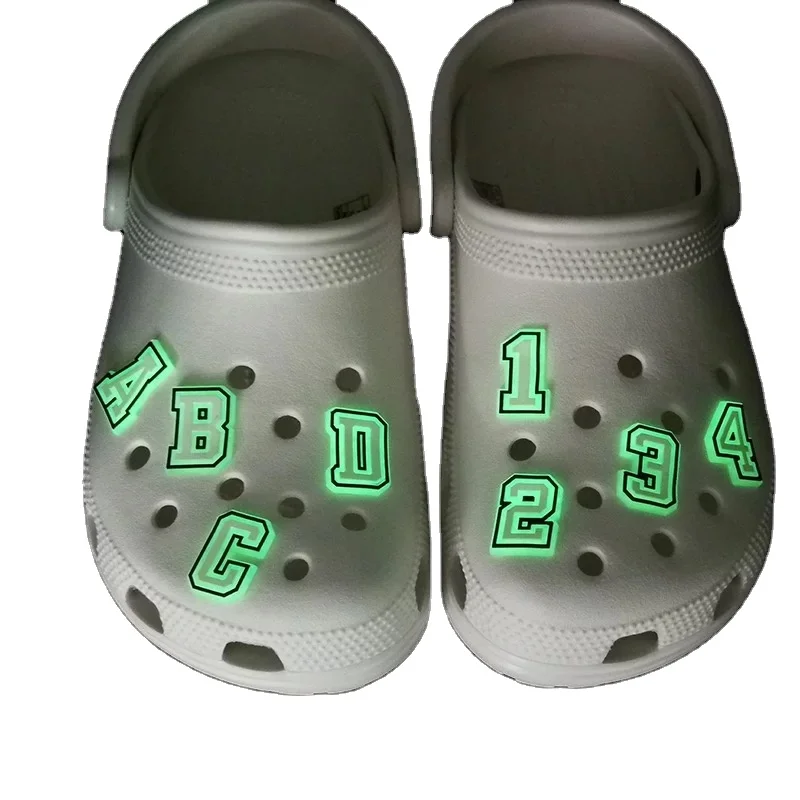 

Hot Selling Pvc Popular black and white A-Z Letters number 1-9 Glow clog Charms Luminous Croc Glow Up In The Dark