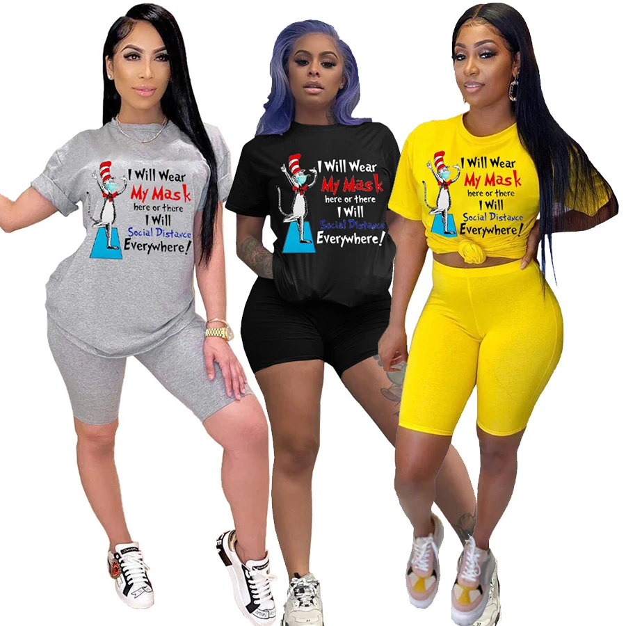 

2021 Spring Women Clothing 2 Piece Outfits Short T-shirt Letters Printing Woman Short Pants Set