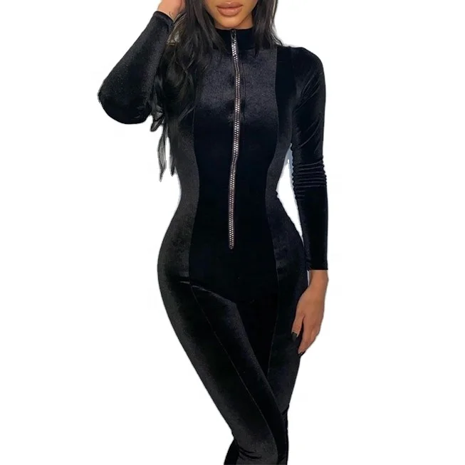 

2020 New Arrivals Winter Velvet Sexy Bodycon One Piece Rompers Women Long Sleeve Jumpsuit, Black/coffee/brown