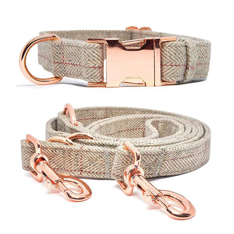 

Adjustable Wool Tweed Dog Collar and Leash Fishbone Pattern Custom Pet Products Rose Gold Buckle, Multicolor