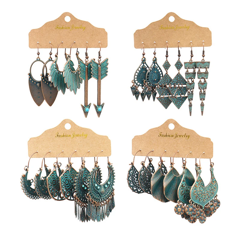 

Antique Bronze Earrings Set Wreath Green Leaf Plant Hollow Arrow Boho Flowers Earrings For Women Fashion Jewelry, As picture