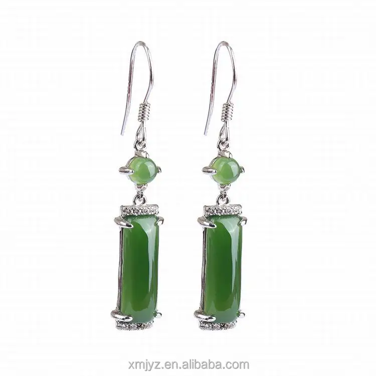 

Certified S925 Sterling Silver Inlaid Hetian Jade Natural Earrings Ethnic Style Retro Long Earrings 33