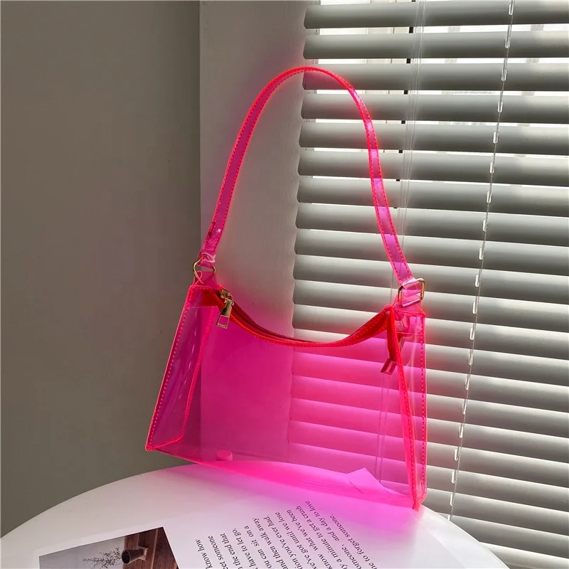 

2022 Spring Summer Lady Hotpink Shoulder Handbag Candy Color Jelly Bag Shoulder Purse made of pvc, Hot pink pvc jelly handag