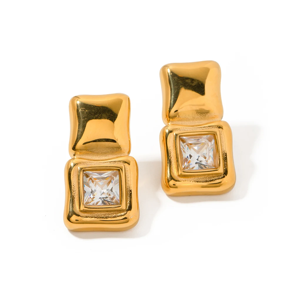 

J&D Jewelry Geometric Stainless Steel 18K Gold Plated Square Spliced Cubic Zirconia Stud Earring