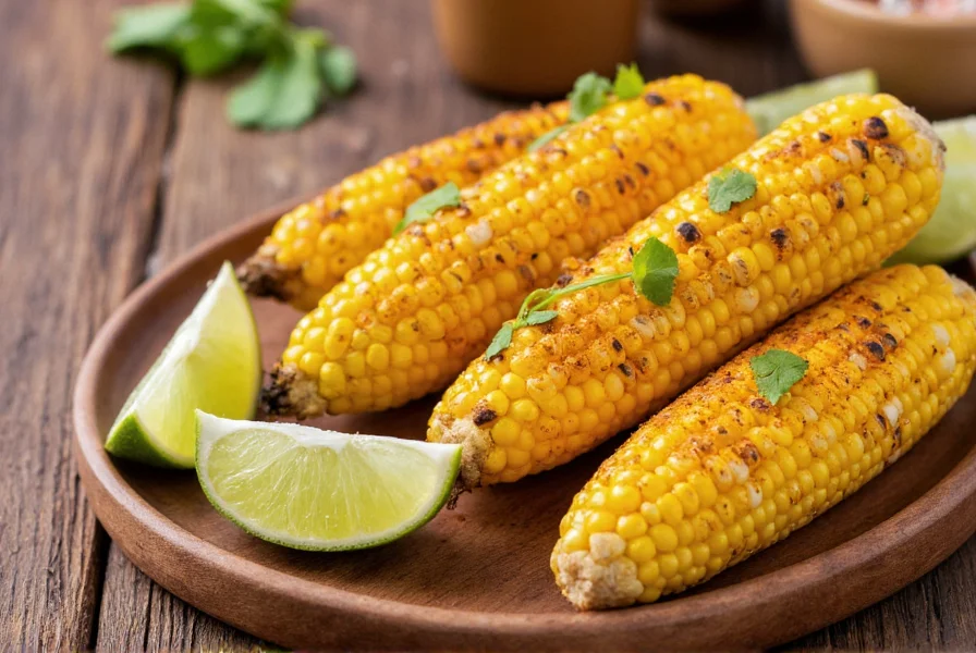 Close-up of grilled corn with chili powder and lime wedges on rustic wooden table