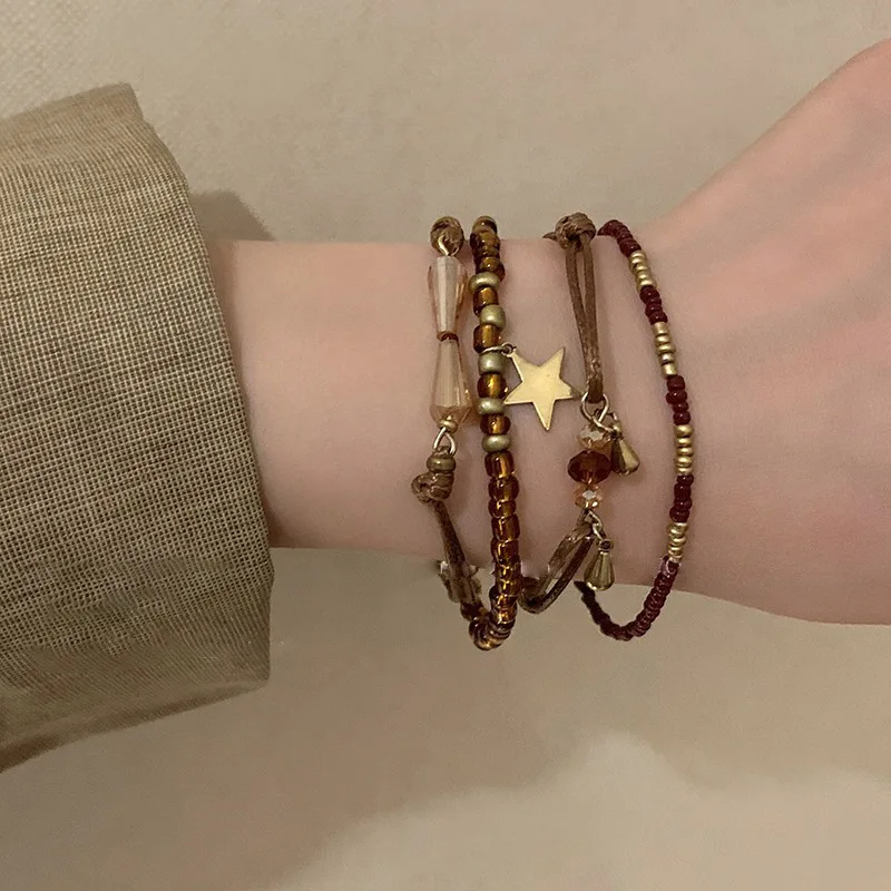 

Brown 4pcs Braided Bracelet Vintage Beaded Five-Pointed Star Bracelet Set 2024 New Fine Jewelry Bracelet