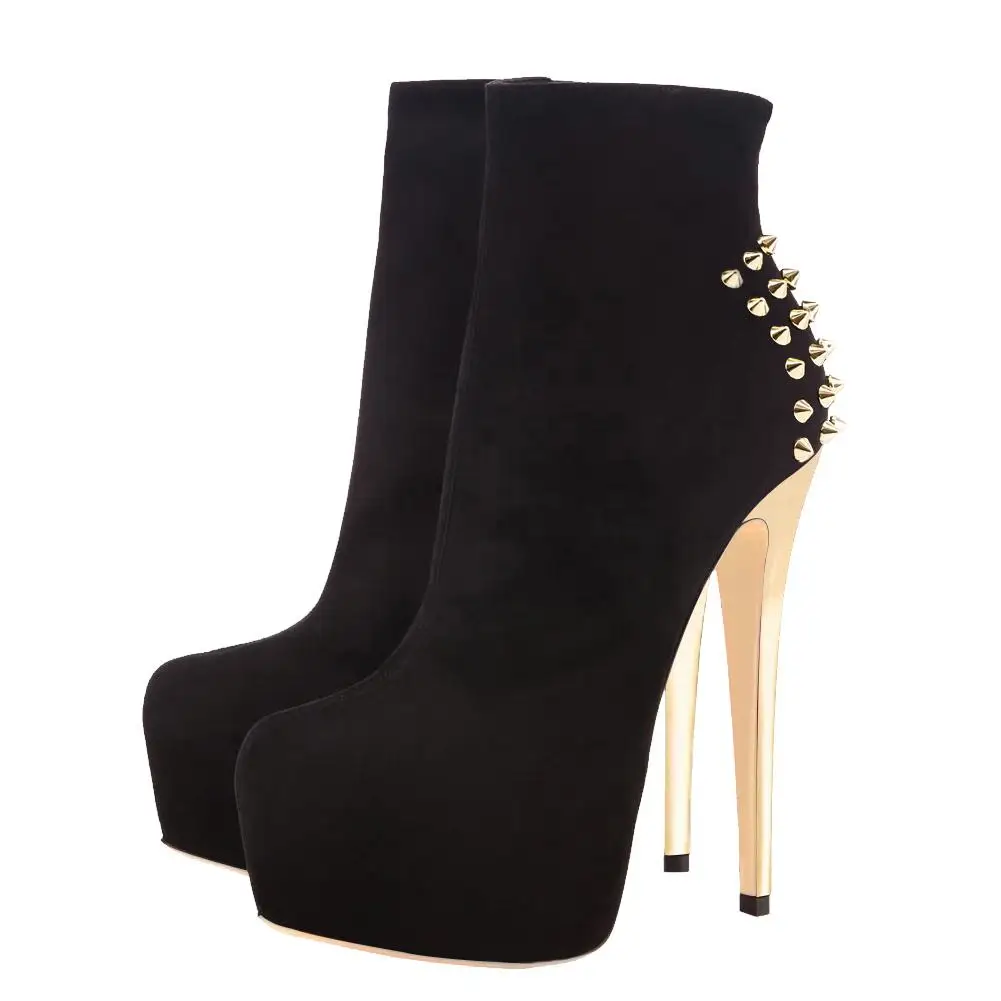 

Black Suede Platform Golden Rivet Stiletto High Heel Ankle Boots For Women