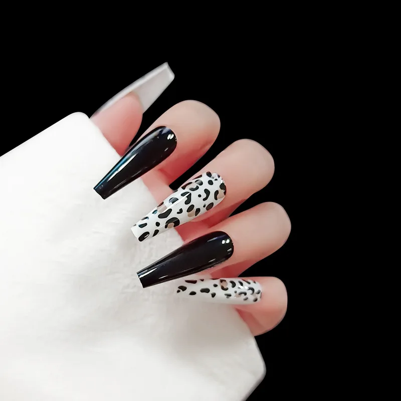 

Ballerina Customize Press On Nails Matte Black and White Leopard Grain False Nails Extra Long Coffin Tips