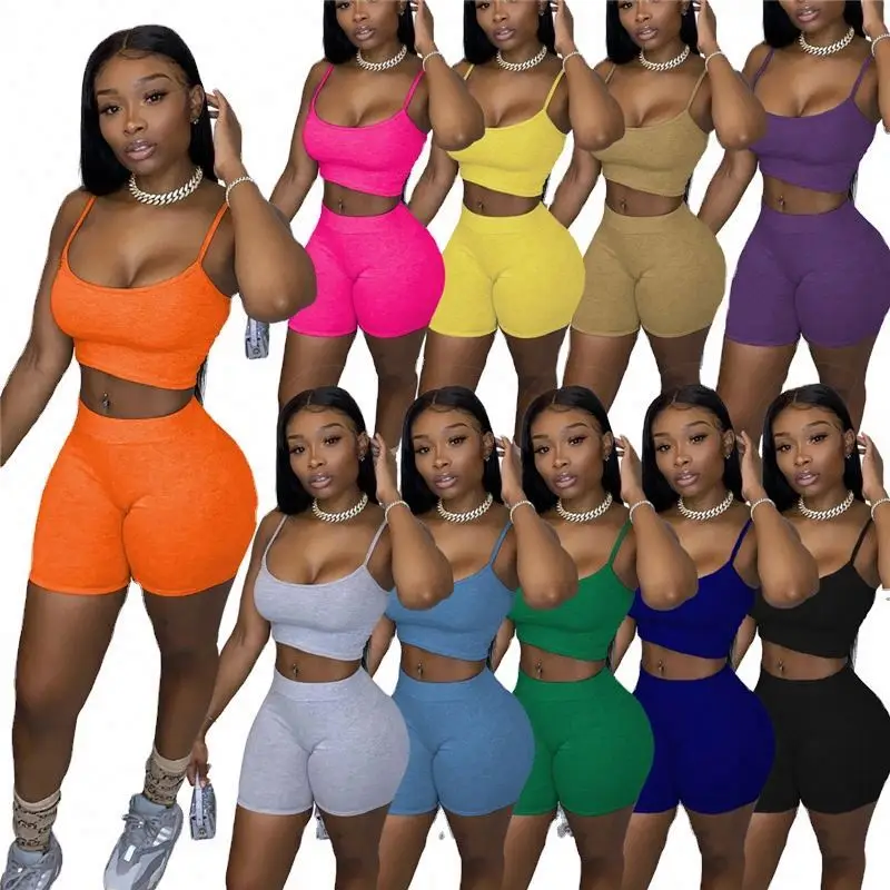 

women's fashion casual solid color suspender Vest Top Shorts pants two piece suit, 10 colors available
