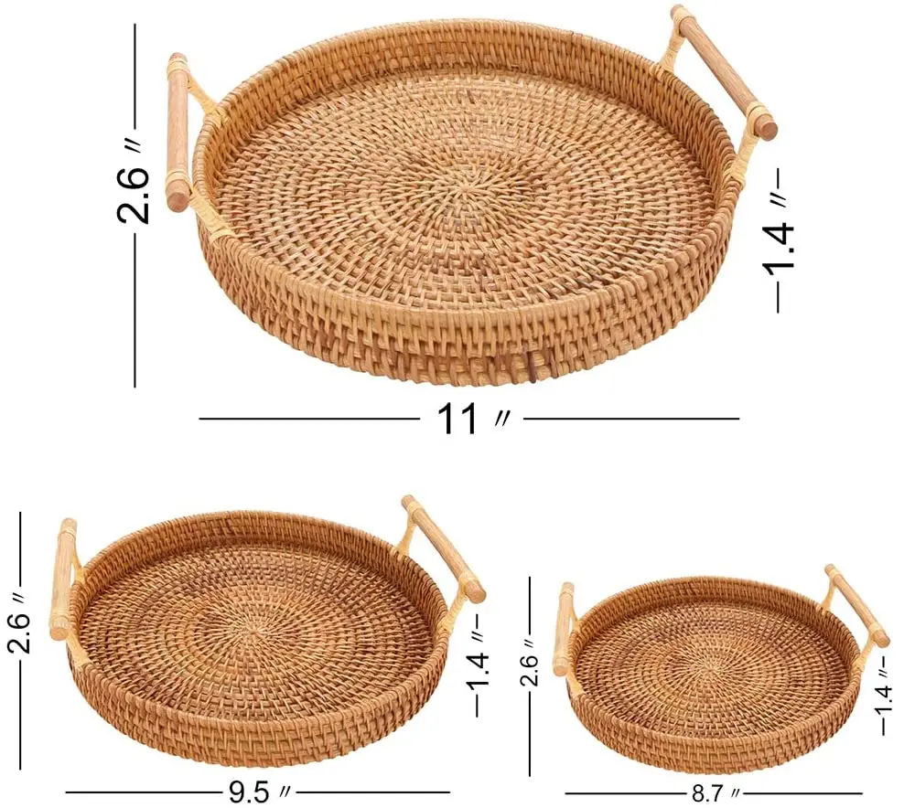 

Handmade Rattan Round Woven Basket, Round Serving Pearl Tray with Handles, Food Serving Baskets, Natural color