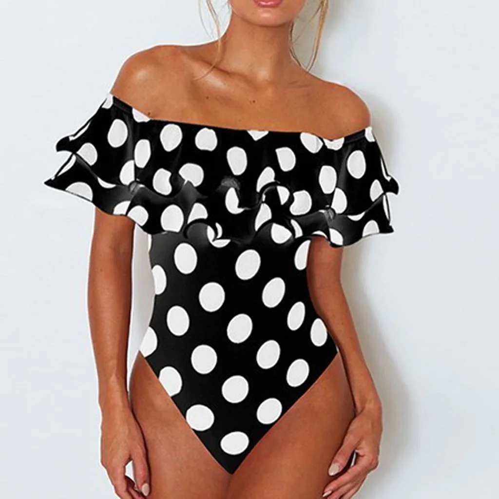 

Amazon new designs womens one piece shoulder triangle thong plus size ruffled sexy polka dot swimsuit xxx hot bikini