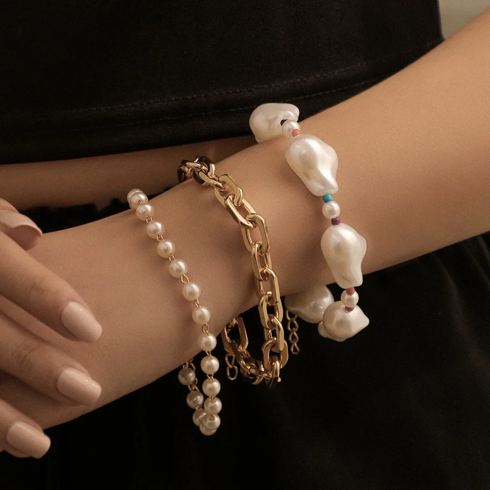 

JL Popular Baroque Pearl Charm Bracelet Set Metal Combination Three Piece Women Bracelets Set, Red