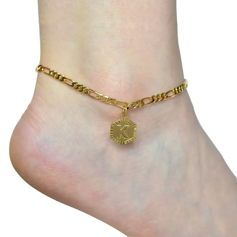 

Wholesale Fashion Real Gold Plated Initial Anklet Cuban Link Chain Stainless Steel Letter Anklet For Women