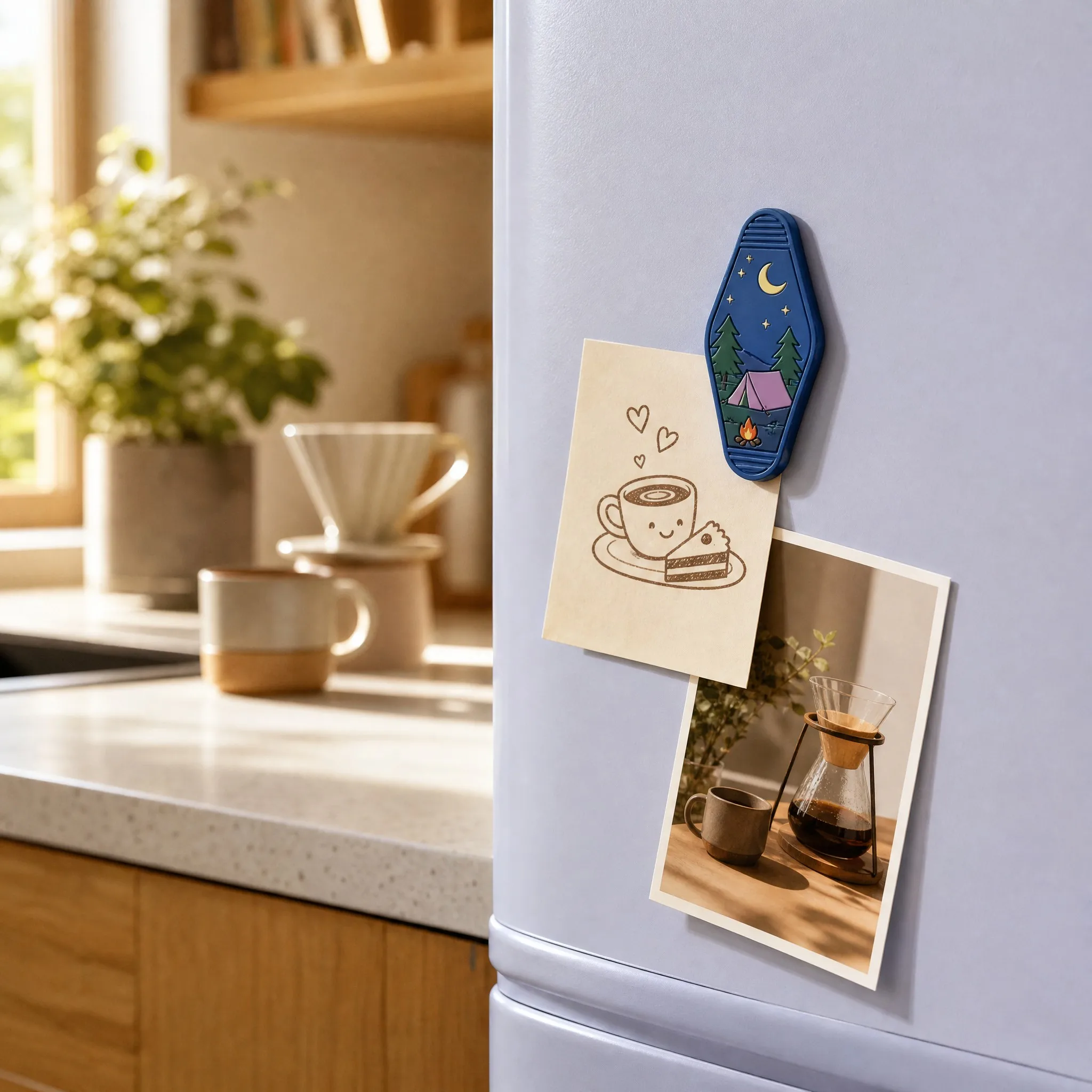 Camp Tent Diamond Motel Magnet Holding Coffee Sketch and Photo on Fridge in Cozy Kitchen