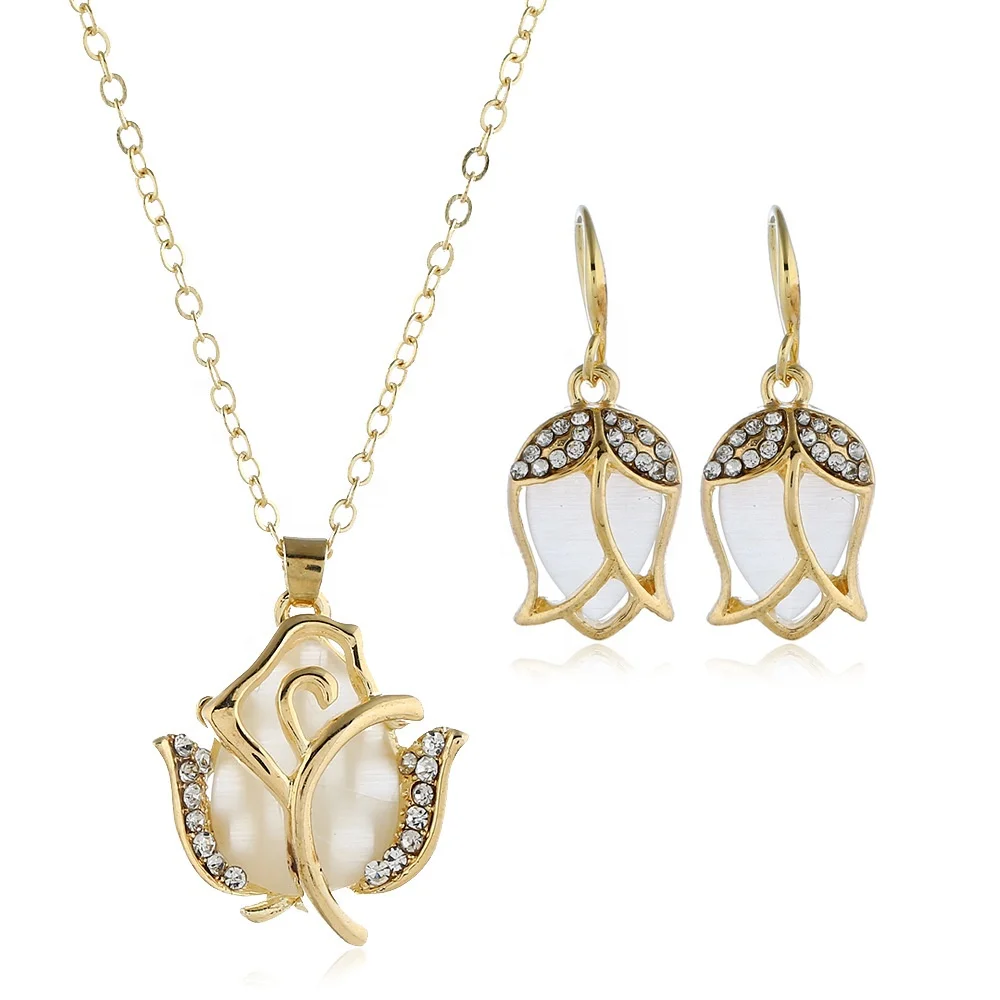 

Wholesale mother's gift tulip flower opal crystal gold plated jewelry set