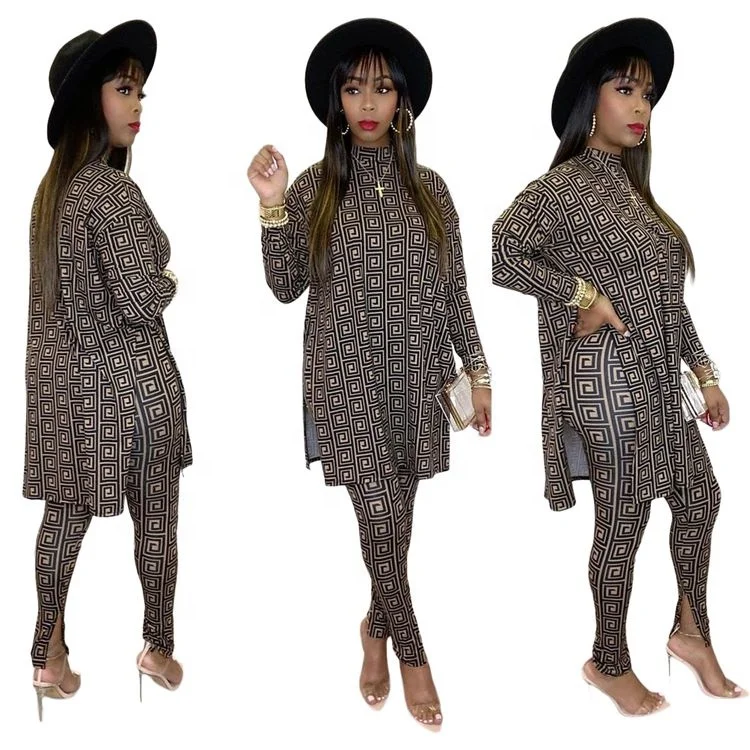 

2021 new arrival fashion print long slevee shirt dress women 2pc long sleeve blouse and pants sets, As pictures