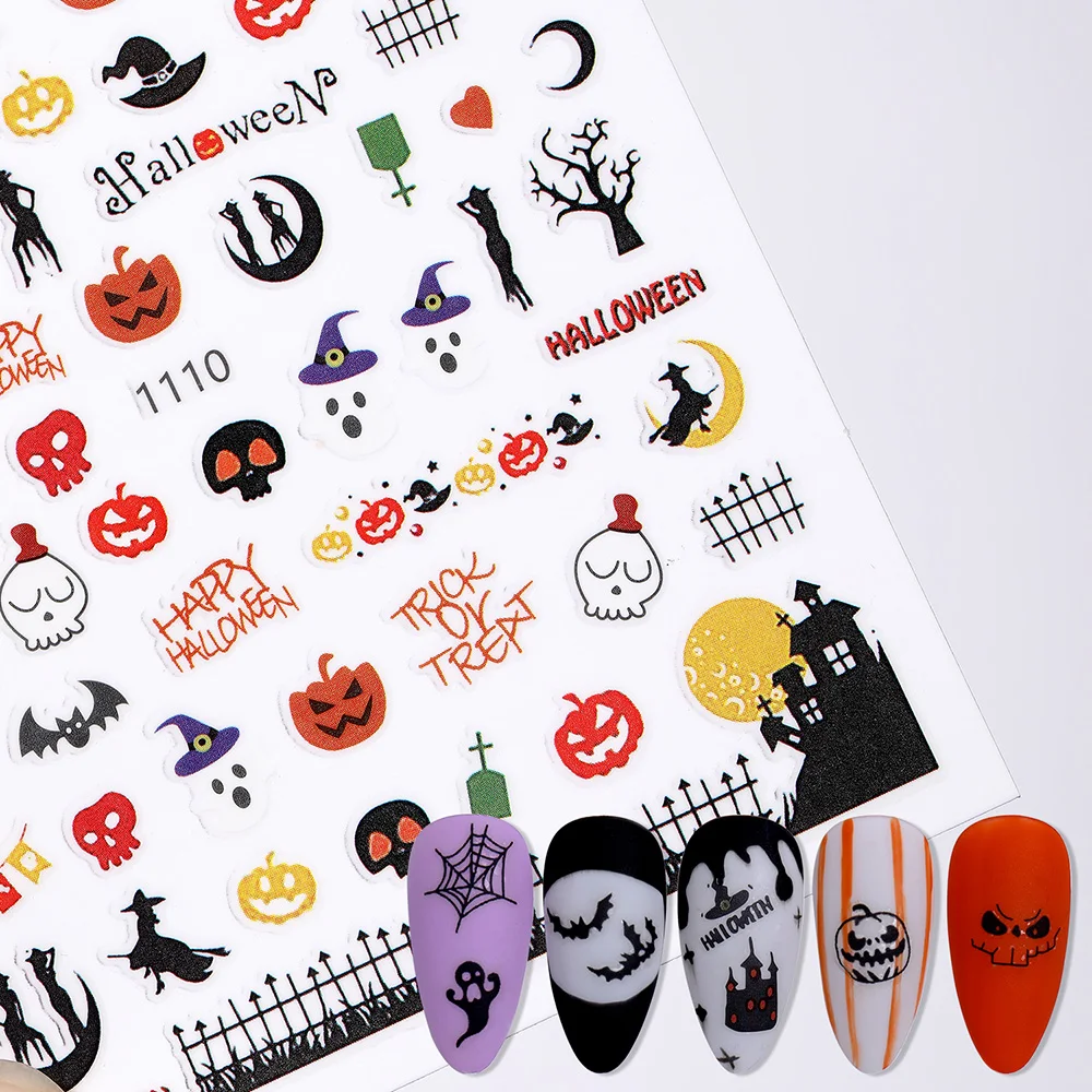 

Halloween ghost designs 3D DIY Nail Sticker Set Spider Web Black Cat Bat Pumpkin Witch Horror Nail Decal Slider Wraps Decor, Colorful