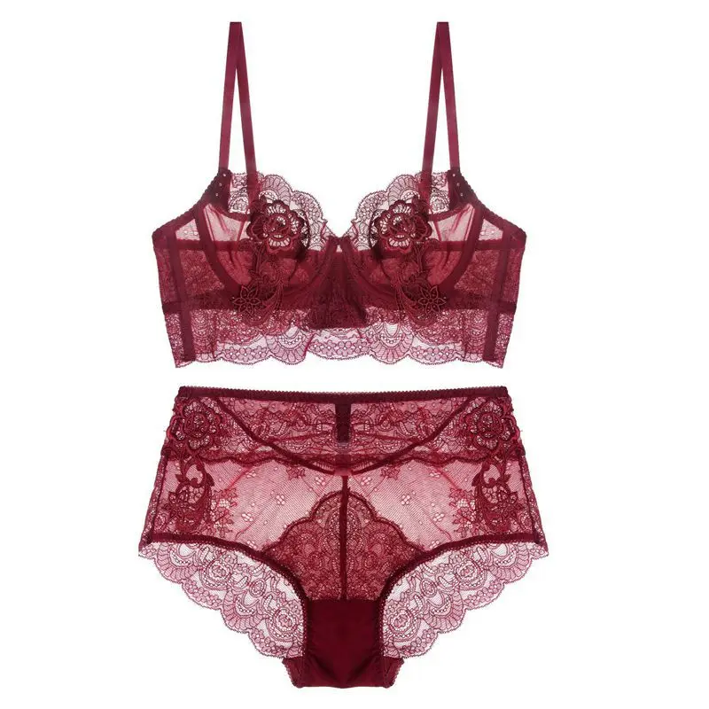 

Sexy Lace French underwear set no sponge hollow out perspective ultra-thin bra small chest gather sexy underwear, As picture