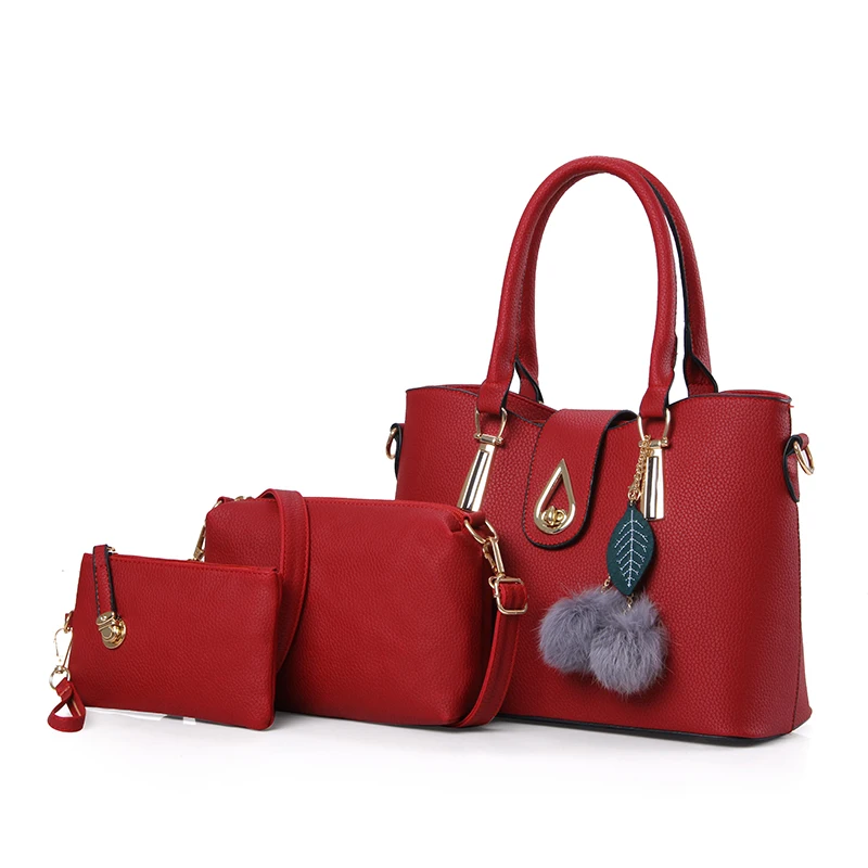 

New fashion combination luxury solid color women handbags ladies clutch shoulder 3 pcs leather tote bag, 7colors