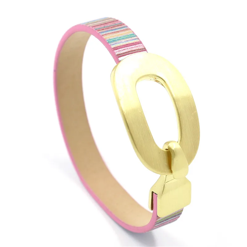

2020 New Simple Golden Hook Clasp Color Stripe Printed PU Leather Bracelets for Girls Multi-color Optional, A#,b#,c#,