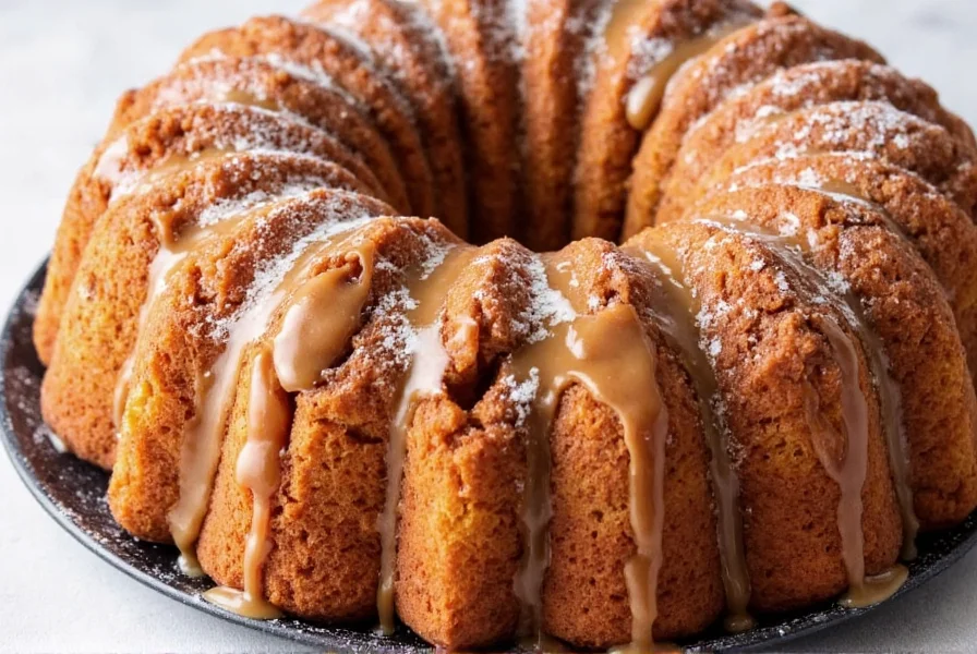 Cinnamon roll monkey bread in bundt pan with gooey caramel topping and powdered sugar