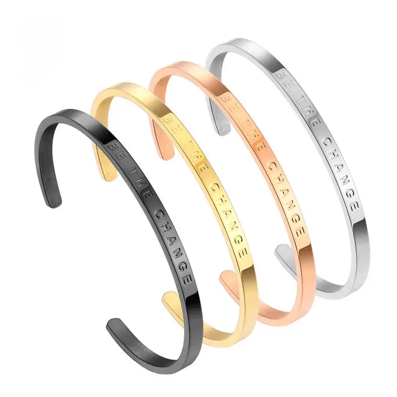 

Premium 4mm Stainless Steel Silver Gold Cuff Bangle Engraved Positive Mantra Inspirational Quote Band Wristband Bracelet, Silver,gold,rose gold,black